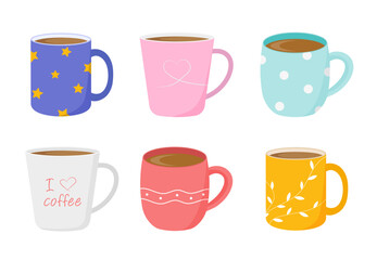 Collection of beautiful cups with coffee. Coffee cups with different designs. Vector illustration in flat style. Isolated on a white background.