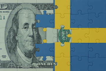 puzzle with the national flag of sweden and dollar money banknote. macro.concept.