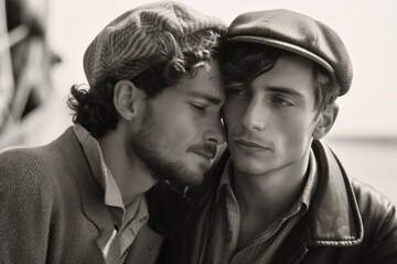 Gay male couple in loving embrace, generative ai