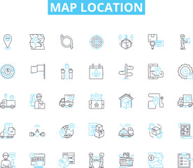 Map location linear icons set. Coordinates, Geolocation, Plot, Navigator, Area, Terrain, Mapquest line vector and concept signs. Navigation,Topography,Guide outline illustrations
