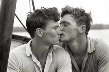 gay male couple kissing on boat, generative ai