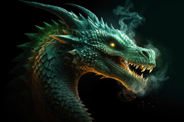 Fototapeta na wymiar Illustration of green wooden fire breathing dragon head isolated on black background. Symbol of 2024. Chinese New Year. Dragon image. High definition. Generative AI, human enhanced