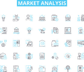 Market analysis linear icons set. Competition, Target audience, Trends, Demographics, Segmentation, Consumer behavior, Market size line vector and concept signs. SWOT analysis,Market share,Customer