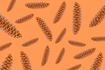 Pine cone pattern, vector illustration of scattered pine cones