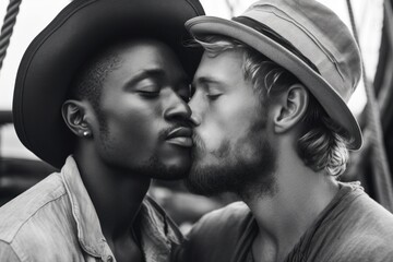 Biracial gay couple in kissing, generative Ai
