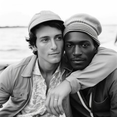 Attractive biracial gay couple with arms around each other, generative Ai