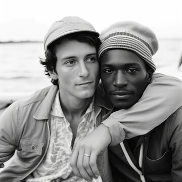 Attractive Biracial Gay Couple With Arms Around Each Other, Generative Ai