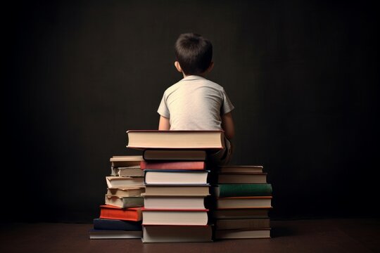 Back view kid pile books. Generate Ai