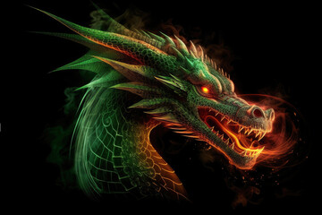 Illustration of green wooden fire breathing dragon head isolated on black background. Symbol of 2024. Chinese New Year. Dragon image. High definition. Generative AI, human enhanced