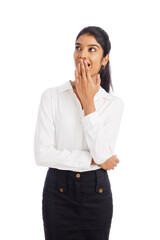 Thinking Indian young business woman isolated on white.