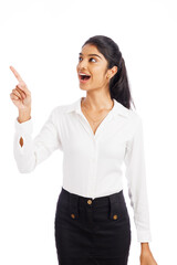 Surprised young business woman's portrait isolated on white.