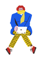 A woman sitting and working on a laptop. Stylized shapes, vector character.