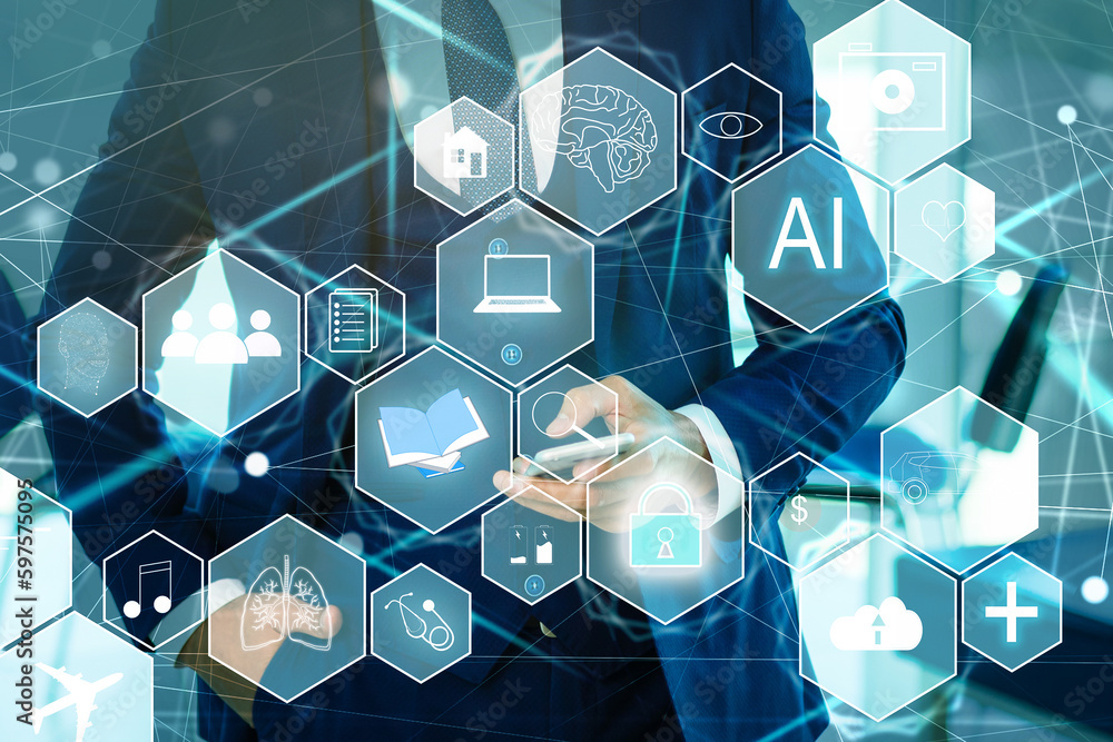 Poster ai tech, businessman show virtual graphic global internet connect chatgpt chat with ai, artificial i