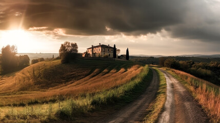 Obraz premium A large villa situated in a rural Italian autumn landscape was depicted - generative ai.
