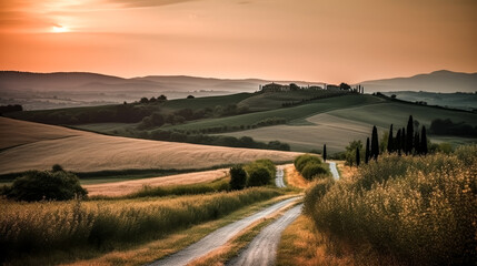 The countryside of Tuscany was portrayed in a picture, depicting rolling hills and a large vill - generative ai.