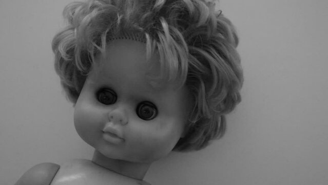 Creepy baby doll, black  and white, grunge, noise and grainy darkness.