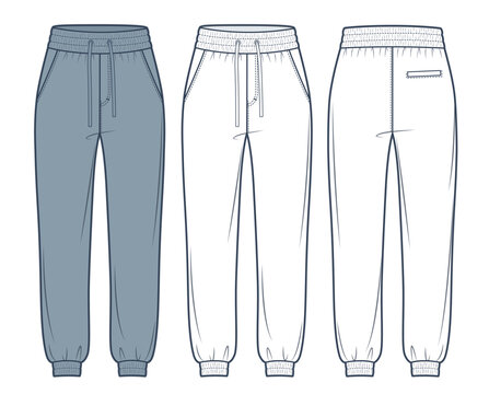 Jogger Pants fashion technical drawing template. Sweat Pants technical fashion Illustration, relaxed fit, pocket, elastic waistband, front, back view, white, grey, women, men, unisex CAD mockup set.