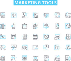 Marketing tools linear icons set. Analytics, Audience, Automation, Branding, Campaigns, Clicks, Communication line vector and concept signs. Competitors,Content,Conversion outline illustrations