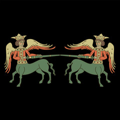 Symmetrical ethnic design with two warrior centaurs fighting on swords. Russian medieval folk design. On black background.