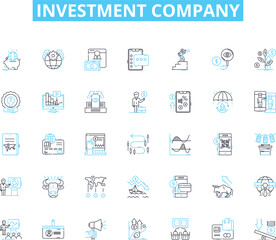 Investment company linear icons set. Portfolio, Dividends, Stocks, Bonds, Mutual Funds, Capital, Risks line vector and concept signs. Returns,Growth,Diversification outline illustrations