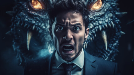 Stress at work in the form of a monster chasing a businessman. The concept of dealing with stress created with generative AI technology