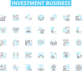 Investment business linear icons set. Portfolio, Diversification, Stock, Bonds, Return, Risk, Asset line vector and concept signs. Wealth,Equity,Capital outline illustrations