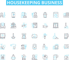 Housekeeping business linear icons set. Cleanliness, Sanitation, Tidiness, Scrubbing, Dusting, Vacuuming, Organization line vector and concept signs. Disinfection,Polishing,Mopping outline