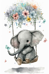 Elephant on a swing surrounded by flowers Isolated white background  Generative AI