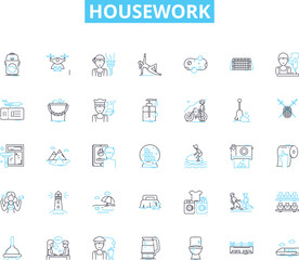 Housework linear icons set. Cleaning, Laundry, Cooking, Dishes, Mopping, Sweeping, Dusting line vector and concept signs. Vacuuming,Ironing,Scrubbing outline illustrations