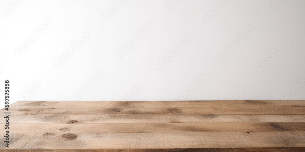 Poster a blank empty wooden table top for product placement. generative ai