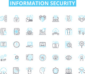 Information security linear icons set. Encryption, Firewall, Authentication, Malware, Hacking, Cybersecurity, Phishing line vector and concept signs. Virus,Cyberattack,Intrusion outline illustrations