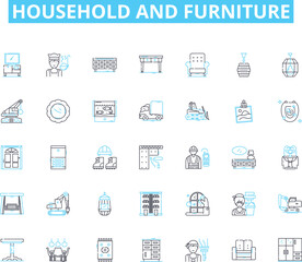 Household and furniture linear icons set. Sofa, Bed, Chair, Table, Shelf, Lamp, Rug line vector and concept signs. Mirror,Couch,Cushion outline illustrations