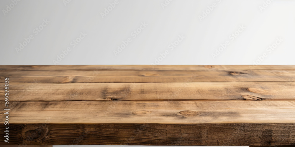 Poster a blank empty wooden table top for product placement. generative ai