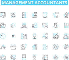 Management accountants linear icons set. Analysis, Budgeting, Compliance, Decision-making, Efficiency, Financial, Forecasting line vector and concept signs. Governance,Growth,Innovation outline