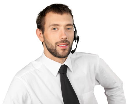 Portrait of young businessman in suit with headphones isolated on white background