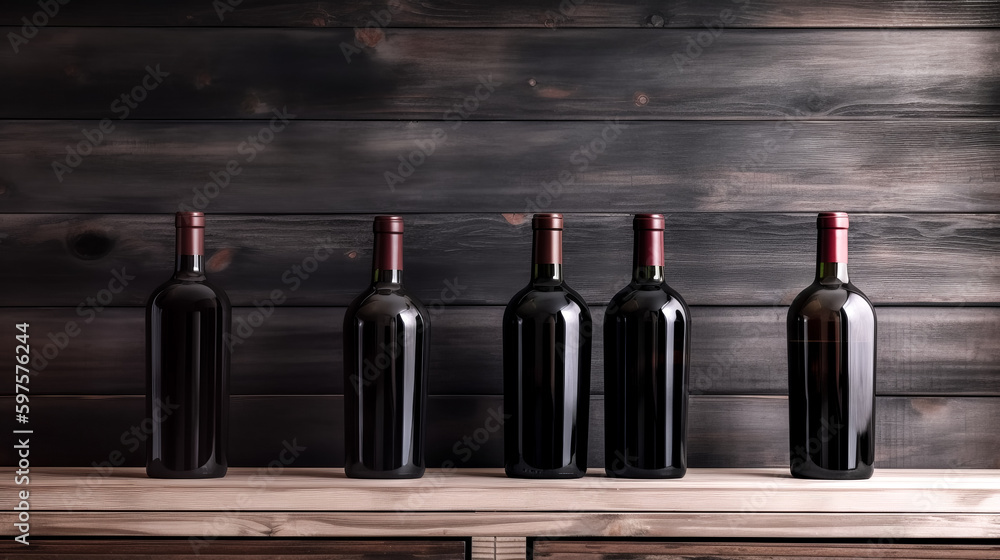 Aufkleber bottles of red wine were displayed on a wooden shelf - generative ai