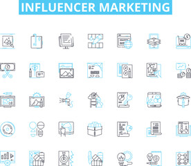 Influencer marketing linear icons set. Influence, Engagement, Collaboration, Branding, Social media, Strategy, Nerking line vector and concept signs. Trust,Authenticity,Reach outline illustrations