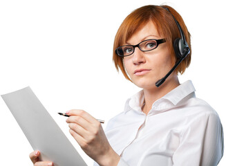 Woman working in Call Center with white paper