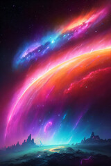 Nebula Clouds in Space. Artistic imaginary illustration of a fantasy outer space world, with vibrant neon colors nebula clouds, and space dust. Generative-AI.