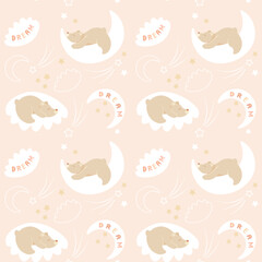 seamless pattern with sleeping bears, stars, moon and clouds.vector illustration