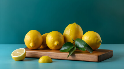Lemons on a chopping board on a blue background. Generative AI.