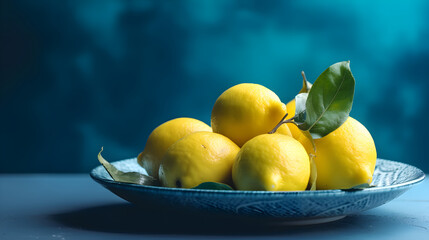 Fresh lemons with leaves on a blue background. Generative AI.