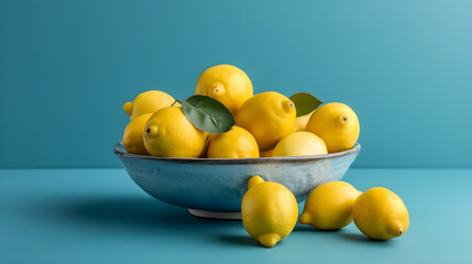 Plate with fresh lemons with leaves on a blue background. Generative AI.