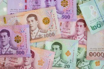 Thai baht banknotes. Cash money of Thailand. Thai economy and financial system concept.