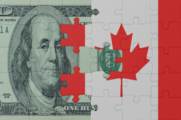 puzzle with the national flag of canada and dollar money banknote. macro.concept.