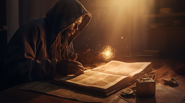 Homem orando sobre uma B&iacute;blia, consci&ecirc;ncia conectada a luz divina 