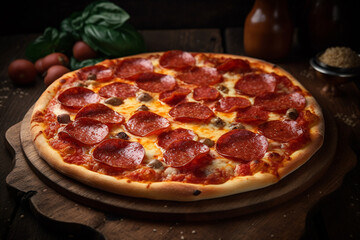 Pizza Pepperoni - Uma pizza de pepperoni feita na hora com linguiça e queijo escorrendo da crosta. Fast food italiano insalubre, mas delicioso - obrazy, fototapety, plakaty