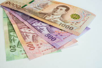 Thai baht banknotes. Cash money of Thailand. Thai economy and financial system concept.