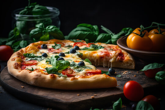 Pizza Margherita - Uma deliciosa pizza italiana com mussarela fresca, ervas, legumes e frutas sobre um fundo preto brega. Insalubre, mas oh, t&atilde;o saboroso