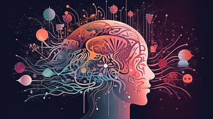 Psicologia, sonho, ilustração do conceito de saúde mental. Cérebro, neurociência e cartaz de mente criativa, capa - obrazy, fototapety, plakaty